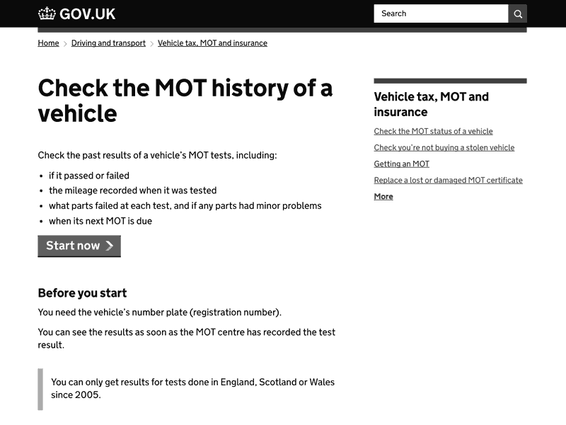 Check MOT History screen shot